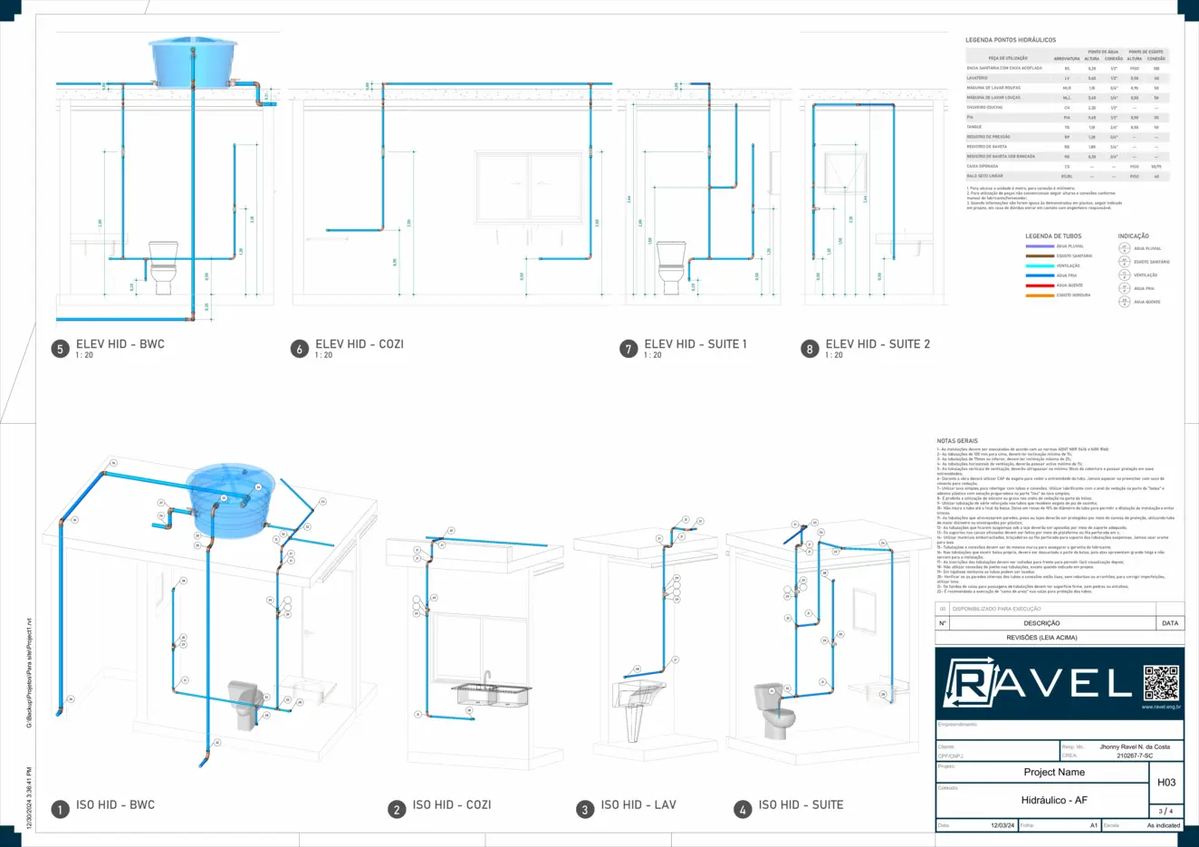 Imagem de um projeto hidráulico de água fria de uma residência, elaborado pelo eng. Jhonny Ravel.
