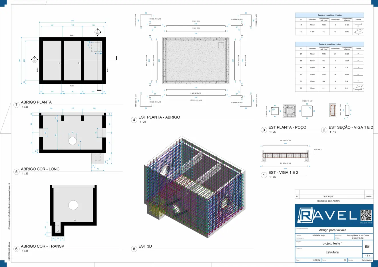 Imagem de um projeto estrutural de um abrigo em concreto armado para válvula enterreda, elaborado pelo eng. Jhonny Ravel.