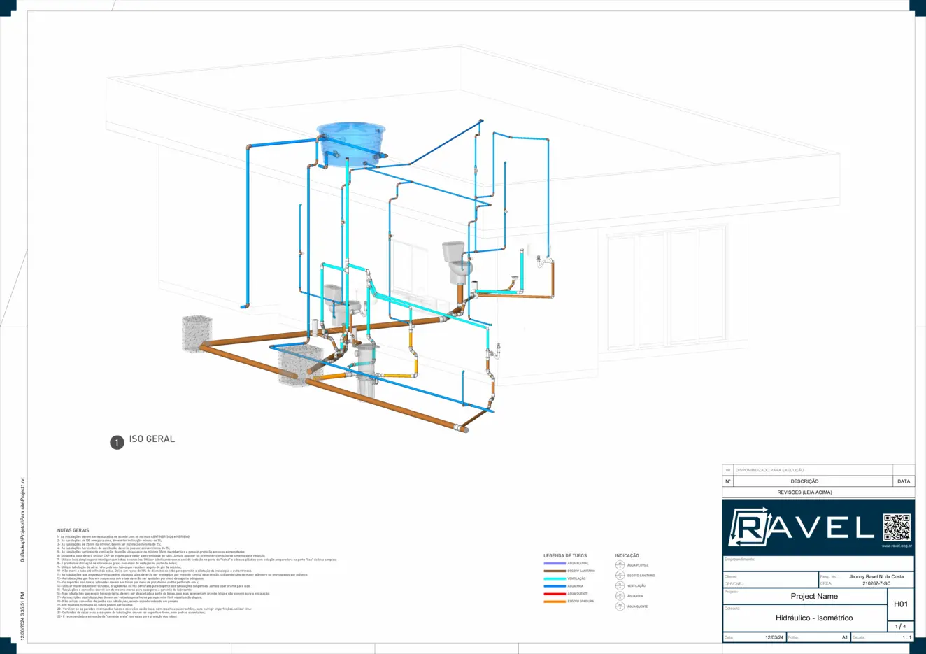 Imagem de um projeto hidráulico de água fria e esgoto de uma residência, elaborado pelo eng. Jhonny Ravel.