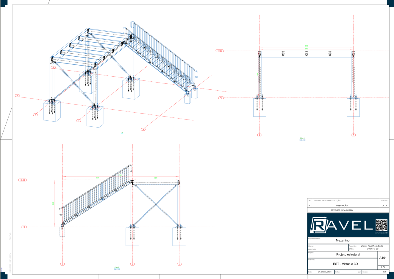 Imagem de um projeto estrutural de um mezanino metálico, elaborado pelo eng. Jhonny Ravel.